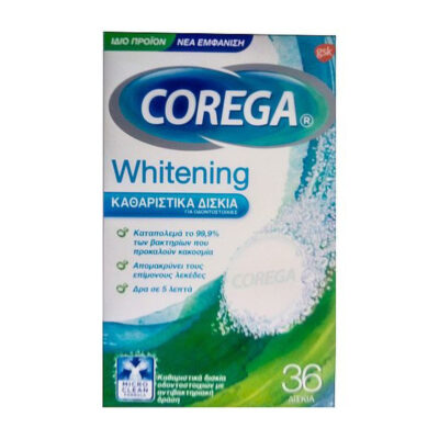 Τα καθαριστικά δισκία Corega Whitening σας βοηθούν να καθαρίζετε την οδοντοστοιχία σας με καλύτερο τρόπο από ότι η οδοντόκρεμα*, καθώς δεν περιέχουν λειαντικές ουσίες, με αποτέλεσμα να καθαρίζουν χωρίς να χαράσσουν.