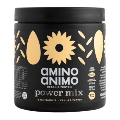 Το στιγμιαίο ρόφημα Power mix AMINO ANIMO με γεύση Βανίλια περιέχει βιολογικές πρωτεΐνες Αμυγδάλου, Ρυζιού και Ηλιόσπορου υψηλής καθαρότητας και πρεβιοτικά (Ινουλίνη).