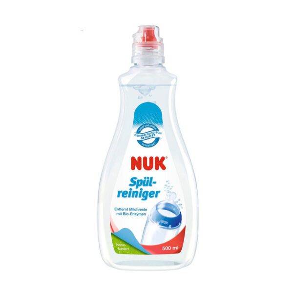 Το υγρό καθαρισμού μπιμπερό της NUK αναπτύχθηκε ειδικά για τον καθαρισμό βρεφικών προϊόντων και απομακρύνει αξιόπιστα τα κατάλοιπα γάλακτος, κρέμας και χυμού, χάρη στα ένζυμα που περιέχουν τα φυσικά συστατικά του.